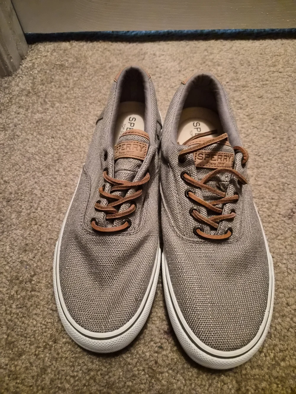 Sperry Men’s Taupe Canvas Boat Shoes with Brown Leather Laces